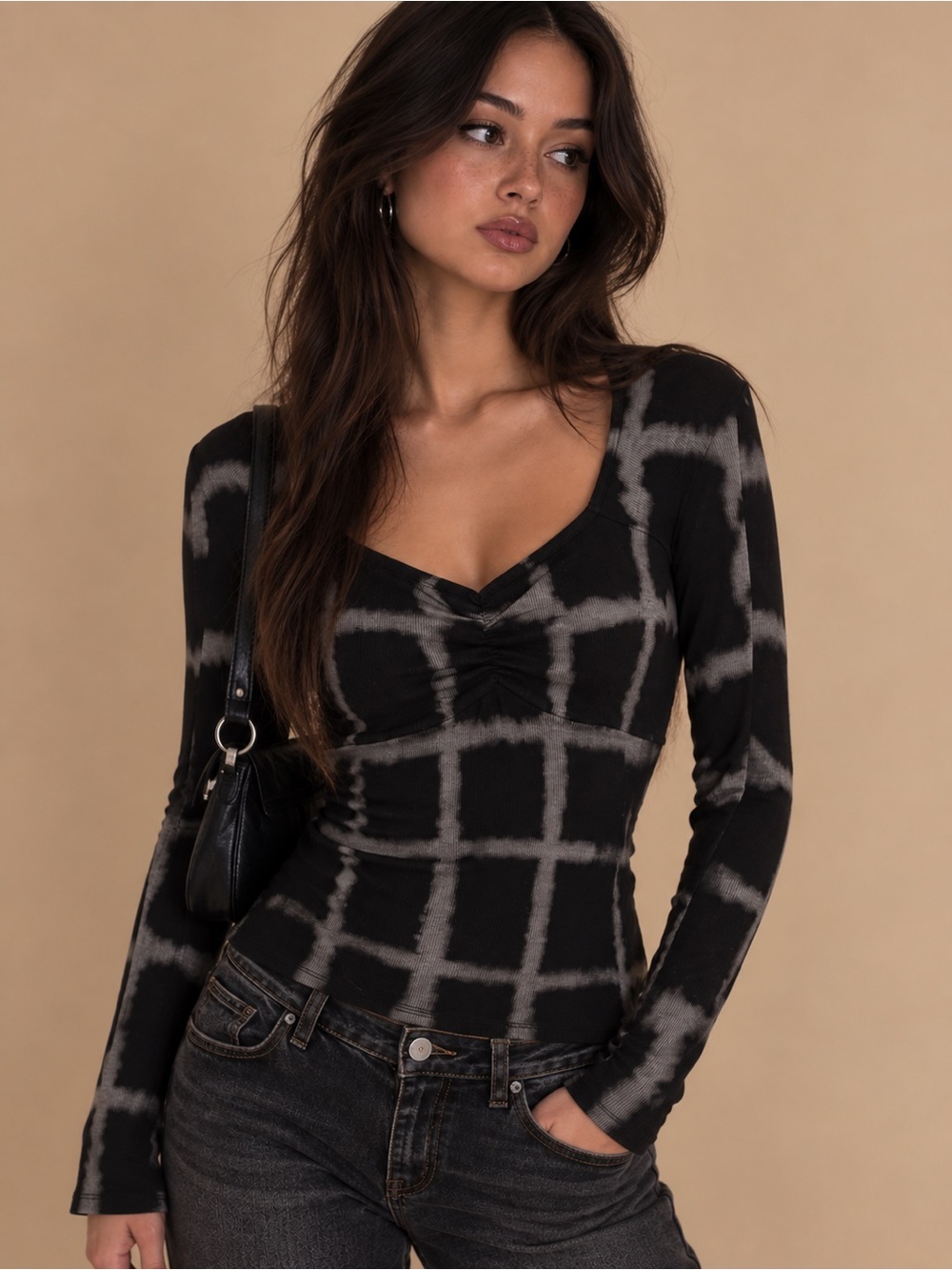 CHASER Black Grid Tie Dye Ruched Long Sleeve Fitted Top NWT Y2K